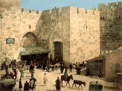 Jaffa Gate, from Outside the Walls with Donkeys and People in Front of the Gate, c.1880-1900 by Swiss Photographer